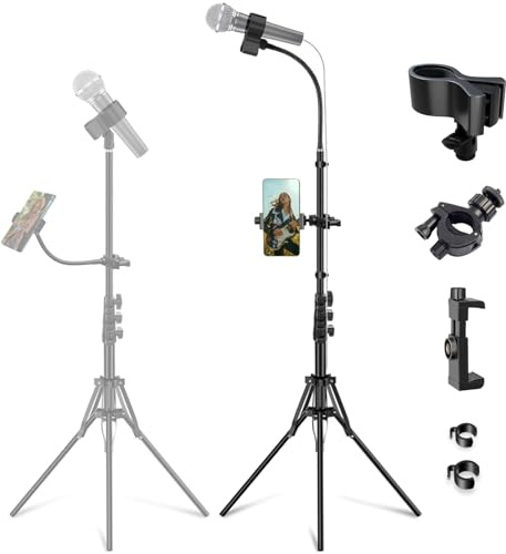 Microphone Stand with Phone Holder, 2 Types Of Installation, Mic Floor Stand Adjustable Height from 22 to 72, 180° Rotatable Heavy Duty Clip, Foldable Mic Stand for Stage, Studios and Kids Singing