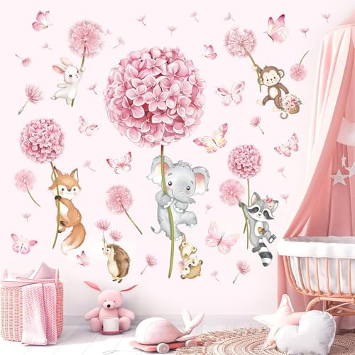 decalmile Väggklistermärken maskros djur väggdekaler rosa blommor fjäril elefant räv väggdekoration dagis barnrum barnrum flickor