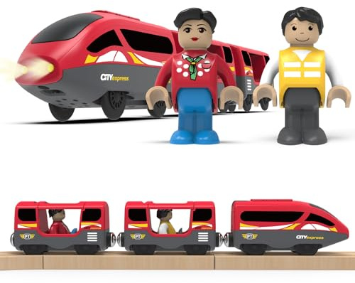 DxxD Trenino Elettrico per Bambini, Trenino Legno Giocattolo con Suono e luce, Bambino Treno Intercity con Figure, Locomotiva ad Azione a Batteria Compatibile con Thomas Brio, Ragazzi 3+ Anni, Rosso