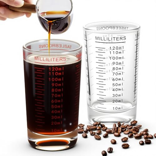 2 Pièces 120Ml Verre Doseur avec Graduation Précise Transparents Verre Mesureur Petits et Résistant Conception à Fond Épais Doseur Cocktail Adaptés aux Bars, Fêtes, Cuisines (Noir & Rouge)