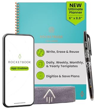 Rocketbook Flex wiederverwendbarer Planer, Executive-Größe 15,2 x 22,4 cm, Blaugrün | Intelligente undatierte Vorlagen für tägliche, wöchentliche und monatliche Jahreskalender, inklusive Stift und Handtuch