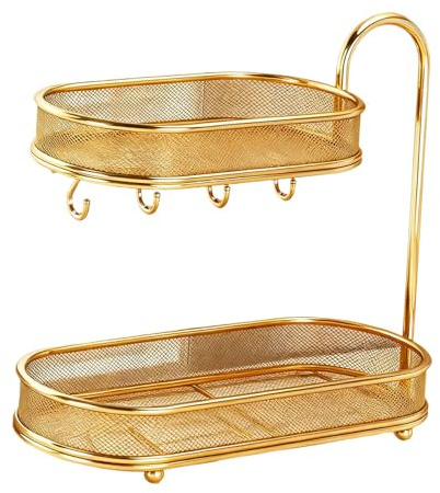 KiBcsLic Freestanding Storage Organizer Metal Rack Makeup Organiser 2 Layer Bathroom Countertop Organizer for Kitchen Vanity Counter, Gold