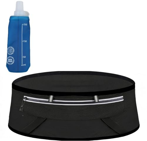 Laufgürtel mit Trinkflasche 250ml für Herren & Damen, Nylon Bauchtasche, Running Belt Handytasche, elastische Lauftasche für Joggen Marathon Trailrunning – Schwarz L
