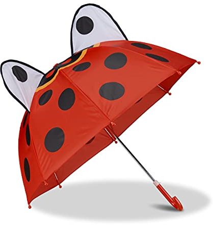 Relaxdays 10022286_766 Kinderregenschirm mit 3D Marienkäfer, Regenschirm für Mädchen und Jungen, Stockschirm mit Punkten, rot