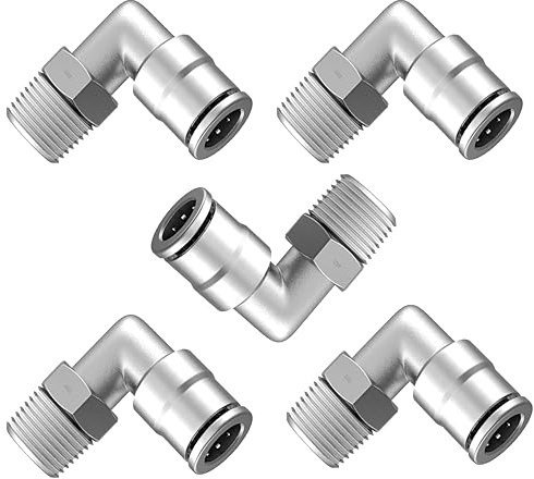 Utah Pneumatic (5 Pack) Nickel-Plated Brass Push To Connect Fittings, 1/4 OD X 1/4 NPT Male Swivel Elbow, 90 Degree Pneumatic Air Line Connector, Pl-1/4-n2