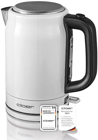 Cloer 4521 Wasserkocher 1,7 l mit herausnehmbarem Kalkfilter, Wasserstandsanzeige, Überhitzungs- & Trockengehschutz, Silikon-Ausguss & 360°-Basis, weiß lackierter Edelstahl, 2200 Watt