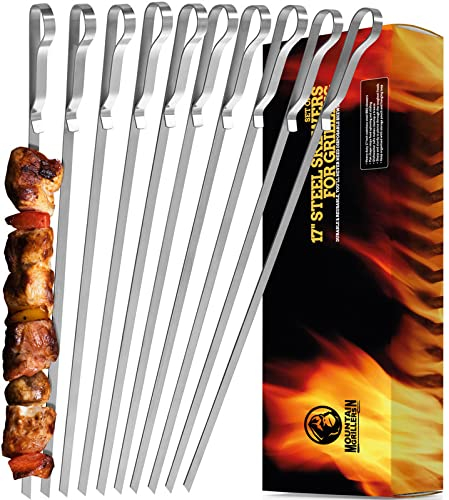Spiedini per barbecue - 10 Spiedini in acciaio inox da 17 - Metallo piatto lungo e riutilizzabile - Spiedini con sacchetto incluso