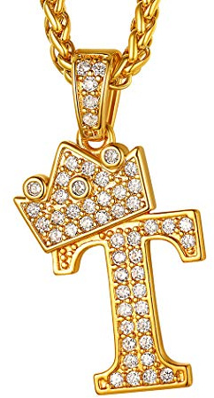 Suplight Iced-Out Kette für Männer Jungen 18k vergoldet Buchstabe T + Krone Anhänger Halskette 3mm/56+5cm Weizenkette Hiphop Modeschmuck Accessoire für Rapper Biker