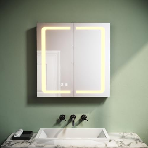 SUNXURY Badezimmer Spiegelschrank mit Beleuchtung 65x65cm mit Touchschalter LED Steckdose Beschlagfrei 3 Farbtemperaturen Hängend Aluminium Bathroom Mirror Cabinet