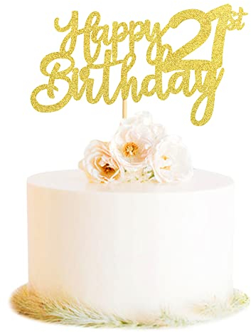 Blumomon 3 Pack Happy 21st Birthday Cake Toppers Gold Glitter Cake Topper Happy Birthday Cake Decor for 21st Birthday Party Decor Supplies, Gold 21