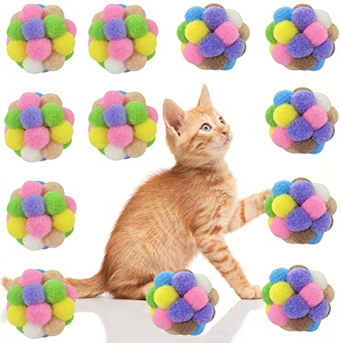 AQSXO 2 Inches Cat Toy Balls with Bell, Colorful Soft Fuzzy Balls, Cat Toys for Indoor 12 Pieces.
