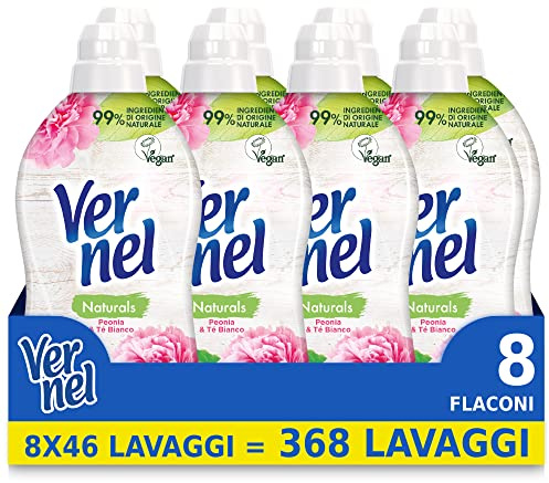 Vernel Naturals Peonia, Ammorbidente Lavatrice Profumato, 99% Ingredienti di Origine Naturale, senza Siliconi e Coloranti, Confezione Risparmio 8 Flaconi x 46 Lavaggi, Totale 368 Lavaggi