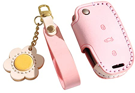 HIBEYO Klappschlüssel Autoschlüssel Hülle passt für VW Golf Schlüsselbox Leder Schutzhülle Schlüsselhülle für VW MK4 Caddy Polo Skoda Superb Seat Leon Fernschlüssel Flip mit Schlüsselanhänger-A Rosa