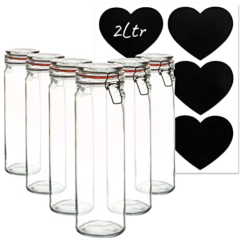 Argon Tableware Glass Jars with Airtight Metal Clip Lid and Heart Labels - 2000ml/70.3oz - 6 Pack - 4 Colour Seals - Extra Large Storage Container Round Preserving Jar for Pasta