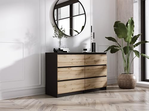 3xE Living Komodenschrank mit 6 Schwarzen Schubladen, Farbe: Schwarz & Wotan Eiche, A: 120 x 79 x 39 cm