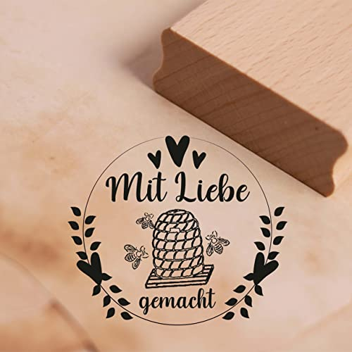 Motivstempel Mit Liebe gemacht - Imker Stempel Bienenkorb Herzen - Honig Etikett Holzstempel 68 x 58 mm