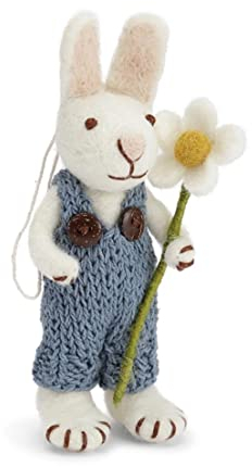 Én Gry & Sif handgefilzter Osterhase mit Ornament - Häschen - Anhänger aus Filz - Ostern-Deko - fair Trade Handmade (Weißer Hase mit Hose Blume)