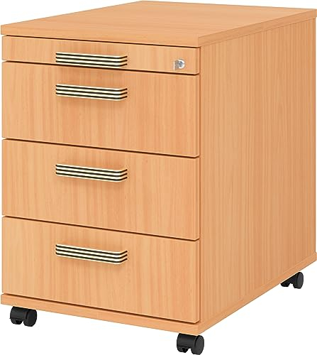 bümö Rollcontainer mit Schubladen, Container abschließbar aus Holz in Buche - Rollwagen für's Büro als Schreibtisch Unterschrank, Bürocontainer od. Schreibtischcontainer mit Streifengriffe