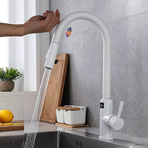 Yalsfowe Touch-on-Küchenarmatur mit ausziehbarer Dusche, Smart-Sensor-Küchenarmatur aus Edelstahl, Küchenspüle-Wasserhahn mit Temperaturanzeige, 360°-Küchenmischbatterie, Weiß