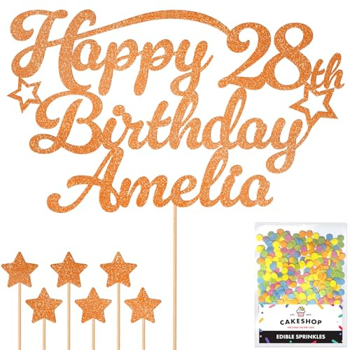 Personalised Happy Birthday Glitter Cake Topper Stars - Rust Orange Any Name & Any Age Glitter Cake Decoration and Sprinkles - Happy Birthday Decorations - Personalised Toppers for Cakes by Cakeshop