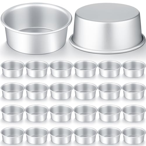Domensi 24 Pack Small 4 Inch Cake Pan Aluminum Mini Round Cake Baking Pans Tins Set with 100 Pcs Parchment Paper Rounds Non Toxic Healthy Leakproof Easy Clean Mirror Finish Dishwasher Safe