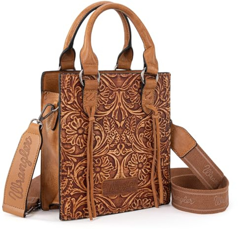 Wrangler Embossed Crossbody Purse for Women Wallet Women Western Cross body Purses Fringe Top handle handbag and small Purse WG271-8119LBR