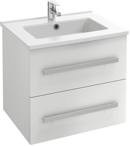 Jacob Delafon - Meuble OLA UP 60cm & Plan Simple Vasque Céramique - 2 Tiroirs Fermeture Douce - Grande Capacité - Blanc Brillant - 610x540x465mm - EBP2302-NWT