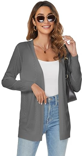 Famrrifuu Cardigan Donna Lungo Cotone Leggero Maniche Lunghe Giacca Elegante Estivo Cardigan in Maglia,Grigio,XL