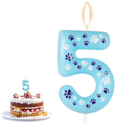 Geburtstag Zahl Kerze mit Pfotenabdruck, 10,5x4cm Zahlenkerzen für Torte Hunde Katzen Kerzen Geburtstag für Haustier Blau Kerze für Geburtstagskuchen Haustier Partydeko (Nummer 5)