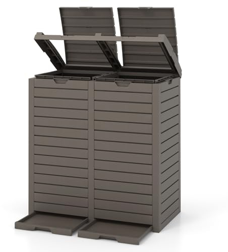 COSTWAY Pattumiera per Rifiuti Esterno e Interno 235 L, Contenitore per Raccolta Differenziata a Doppio Secchio Impermeabile con Coperchio, Vassoio e Maniglia, Bidone per Terrazza e Cucina (Marrone)