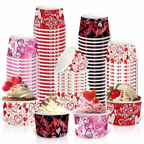 LANCU 60PCS Valentine Ice Cream Bowls Disposable Paper Bowls 8oz Valentine Treat Snack Cups Red Hearts Dessert Cups Pink Soup Bowls for Hot or Cold Food Valentine Party Supplies