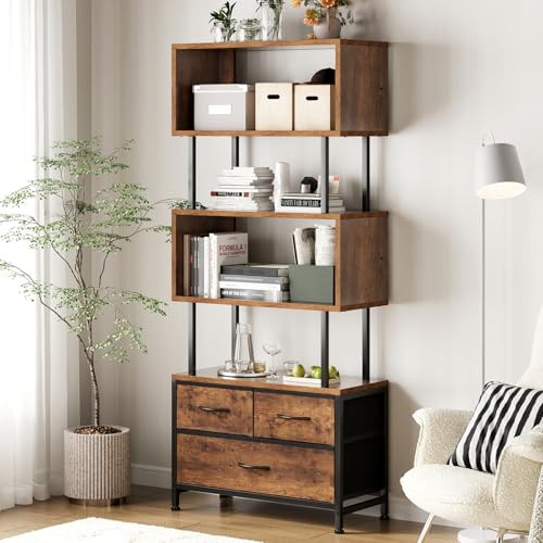 Coleshome Libreria Verticale, Libreria da Parete con 5 Ripiani, con 3 Cassetti in Tessuto, Scaffale Librerie Adatto per Camera da Letto, Ufficio, Soggiorno, 60 x 24 x 155 cm, Colore Retrò