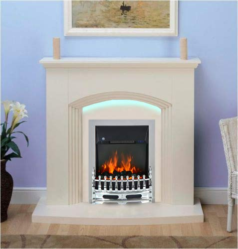 Modern Cream Chrome Remote Control Electric Fire Surround Complete Fireplace Package With LED Light