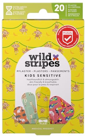 Wild Stripes - Cerotti per bambini Set Jungle Vibe - Cerotti stilosi per bambini avventurosi - Protezione ferite sicura, impermeabili, resistenti & delicati sulla pelle - 20 pezzi