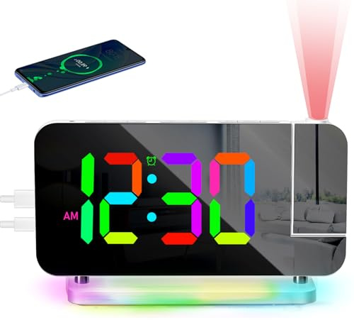 PORFOYO Despertador con proyección, reloj despertador con proyección LED RGB, reloj de espejo con 10 colores de luz nocturna y proyector giratorio de 180°, despertador digital con USB-C, para