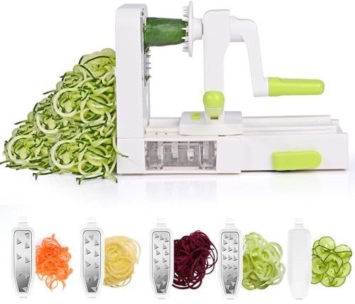 Spiraliseur de Légumes 5 en 1 Spaghettis de Légumes Manuelle Multifonctionnell avec Récipient de Collecte sans BPA Coupe Légumes Spirale Trancheuse a Legume pour Tagliatelles de Courgette Carotte