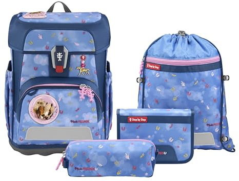 Step by Step Schulranzen-Set Cloud Pferdefreunde „Horse Friends“ blau | 5-teilig, ergonomischer Tornister mit Reflektoren, höhenverstellbar mit Easy Belt für Kinder ab der 1. Klasse, 19L