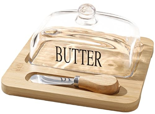Mantequera de vidrio con tapa, mantequera transparente multifuncional segura con tapa, bandeja de madera y cuchillo para mostrador de refrigerador, con