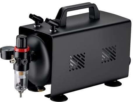 Wiltec Compresor para aerógrafo AS18TB 1/6 CV, compresor de aire comprimido con caudal de 20-23 l/min, para pistola aerográfica con 2 salidas y manómetro, diseño con pistola de aerografía