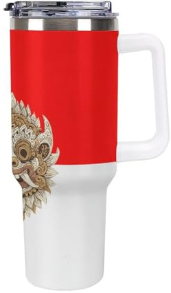 Barong Bali Indonesian Flag Travel Mug Insulated Tumbler with Lid Handle Coffee Water Bottle for Car