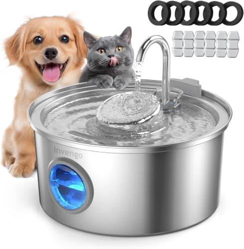 Invengo Cat Water Fountain for Drinking, 3.2L Stainless Steel Pet Water Fountain with 2 Flow Modes, Splash-Proof Side, Includes 6 Replacement Filters (3.2L Fountain+6 Filters+6 Sponges)