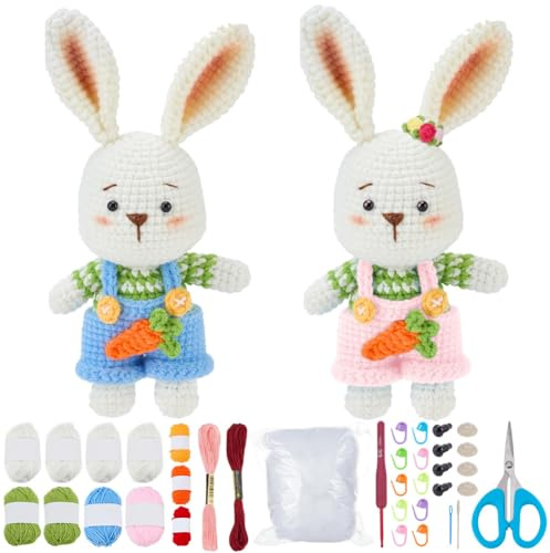 ORIGACH Osterhäkel Set Mit Hasen Für Anfänger (Erwachsene) 2 Set DIY Häschen Häkelset Mit Schritt Für Schritt Videoanleitung Anweisung Garn Haken Zubehör Für Osterparty Dekorationsartikel