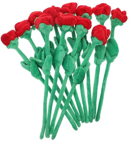 BAZEITFLOW Ramo de 12 Flores de Peluche Tallo Flexible, Rosas Artificiales Rojas para Decoración del Hogar, Adorno de Ramo para Interiores y Exteriores, Juguetes de Flores de Peluche,