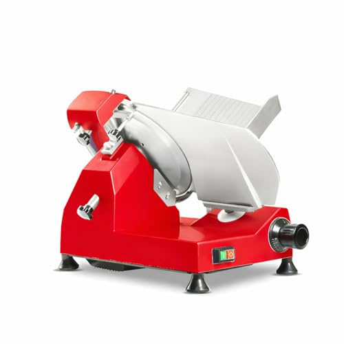 Gasfrit – Cortafiambres Profesional Eléctrico 300 mm, Cortadora de Fiambres y Jamón, 250 W, Aluminio y Acero Inoxidable, Afilador Integrado, Espesor Ajustable 0–18 mm, Uso Profesional (Rojo)