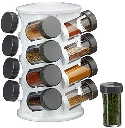 Relaxdays Gewürzständer, drehbar, 16 Gewürzdosen, aromadichte Aufbewahrung, Gewürz & Kräuter Organizer, Kunststoff, weiß, 26.5 x 17 x 17 cm