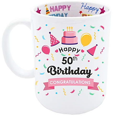 Mainly Mugs 50th Birthday Gift Keepsake for Women Pink Happy Birthday Design Also with Print Inside Coffee Mug