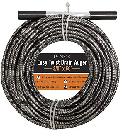 Drainx Easy Twist Drain Auger | Flexible Plumbing Cables for Cleaning Drainage Clogs Includes Storage Bag and Protective Gloves, 3/8 Diameter, 50 FT