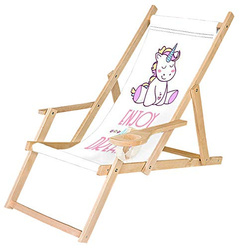 Ferocity Holz-Liegestuhl Klappbar Klappliegestuhl mit Armlehne und Getränkehalter Strandstuhl Motiv Weiß Einhorn Unicorn [119]
