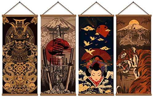 Warrior's Dreams Canvas Wall Art Print Poster Armored Helmet Samurai spirit with Scroll Wood Framed Ready to Hanger Home Karate Hall Sushi Restaurant Decor 16”x35” (4pcs japan poster)