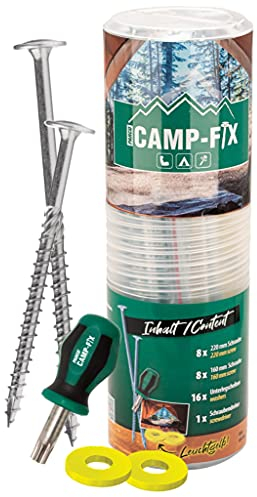 PARCO Camp-FIX Camping Zubehör - 16x Universal Zeltschrauben in verschiedenen Größen - Schraubheringe für Zeltbefestigung - Camping Set mit Schraubendreher und Unterlegscheiben aus Kunststoff